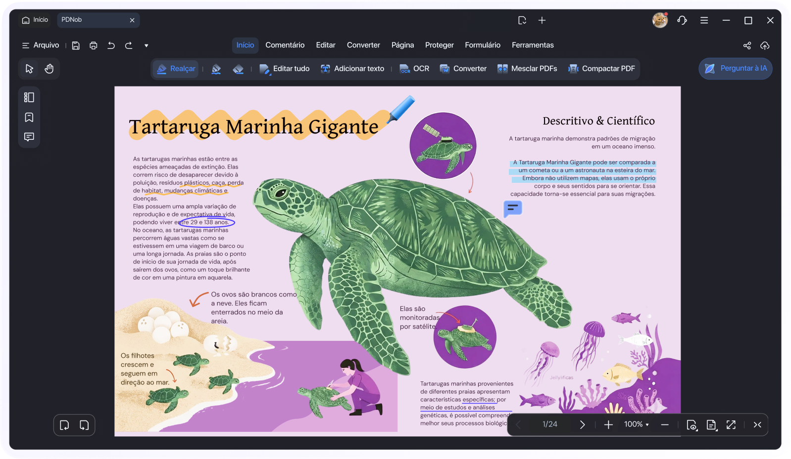 Interface de leitura e anotação de PDF no modo escuro