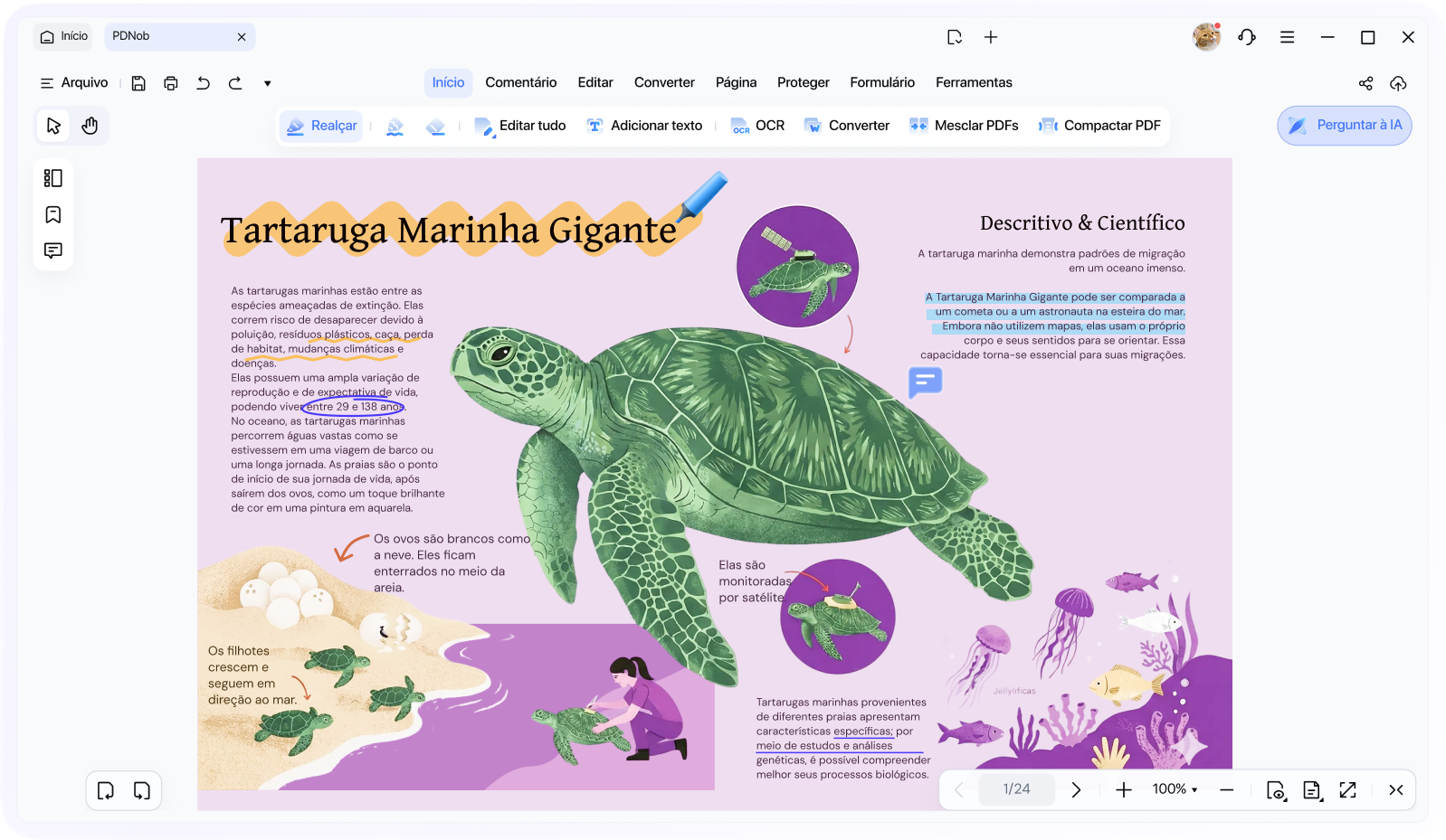 Interface de leitura e anotação de PDF no modo claro