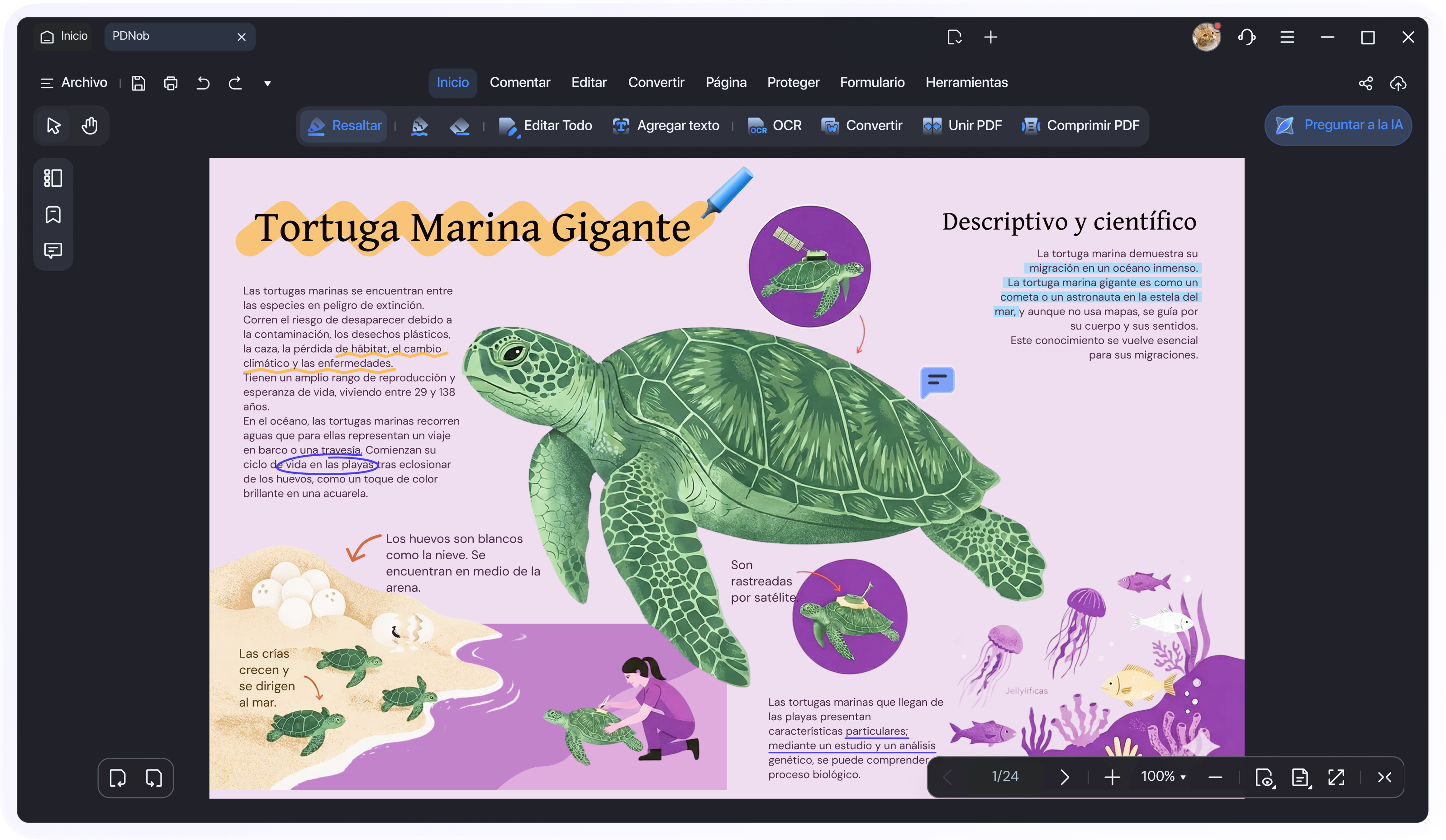 PDF reading and annotation interface in dark mode