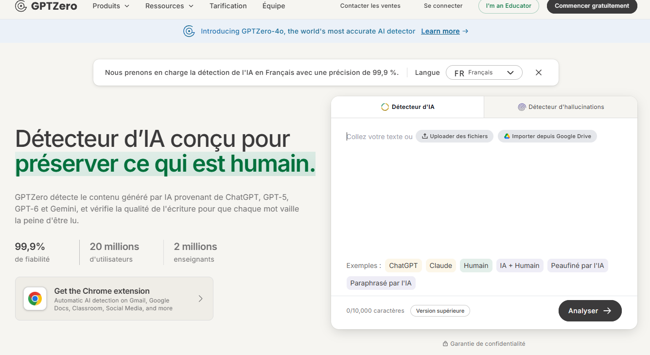 Interface de GPTZero, un outil de détection de texte généré par IA