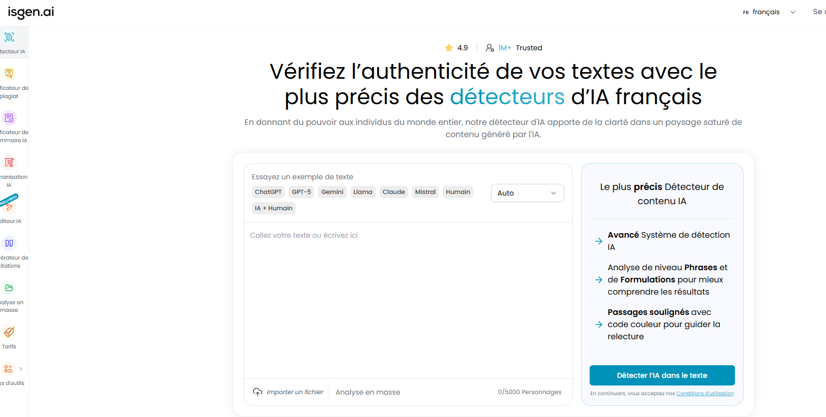 Interface d'Isgen.ai, un détecteur de contenu généré par IA