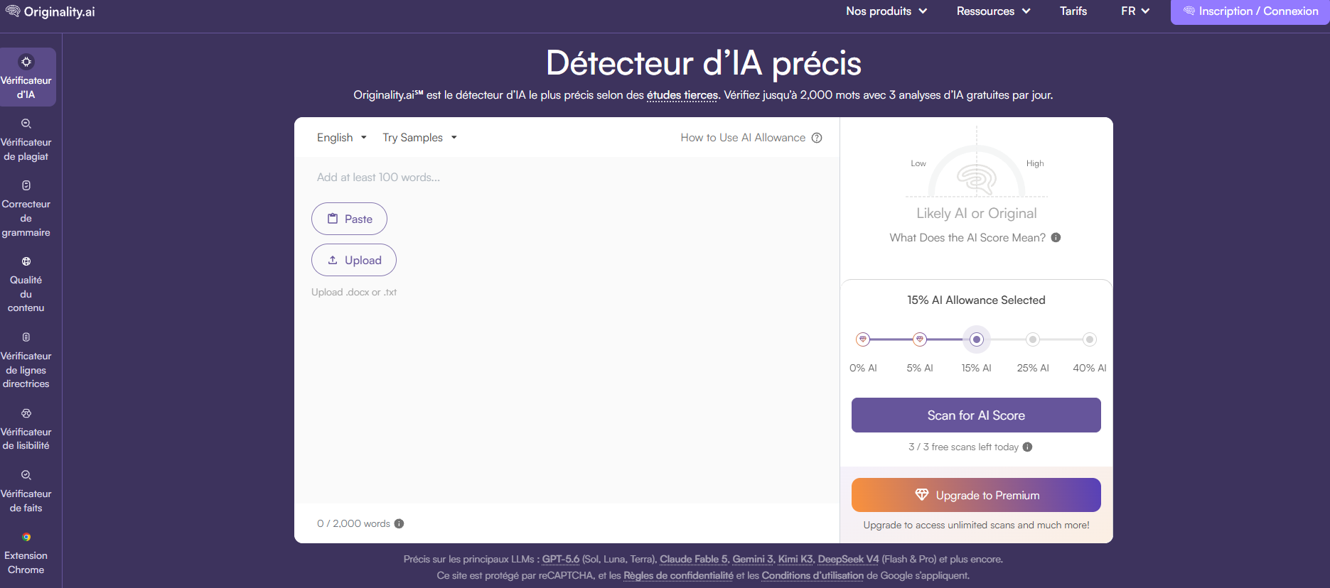 Interface d'Originality.ai, un outil de détection de contenu généré par IA