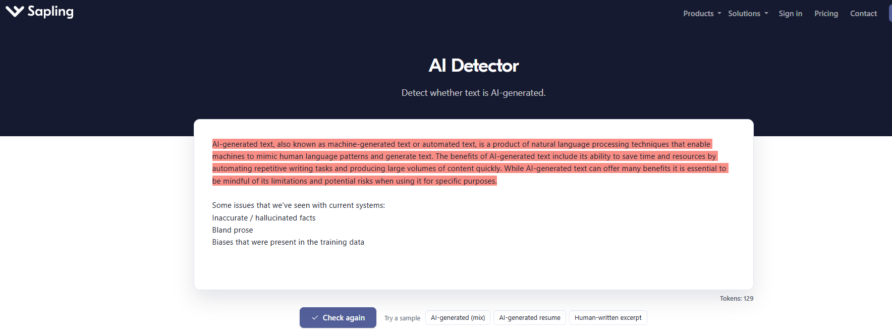 Interface de Sapling AI Detector