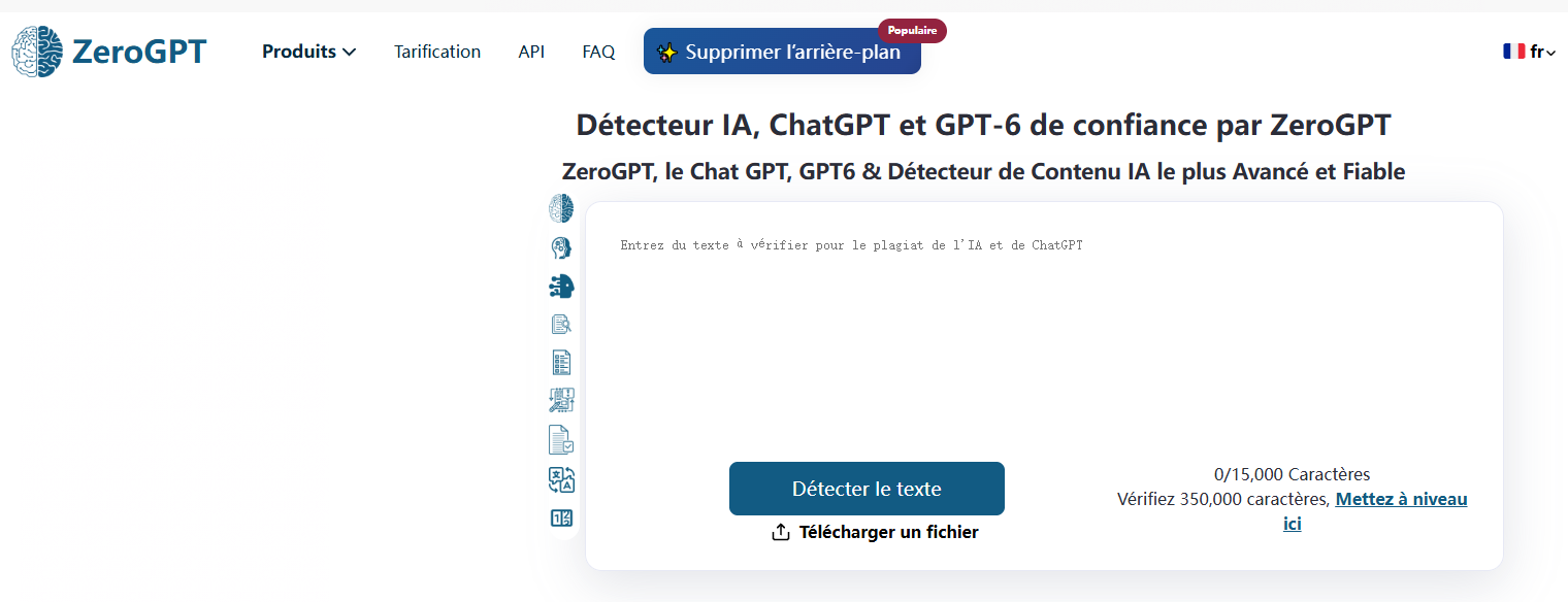 Interface de ZeroGPT, un détecteur de texte généré par IA