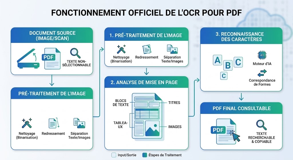 Schéma du fonctionnement de la reconnaissance optique des caractères (OCR)