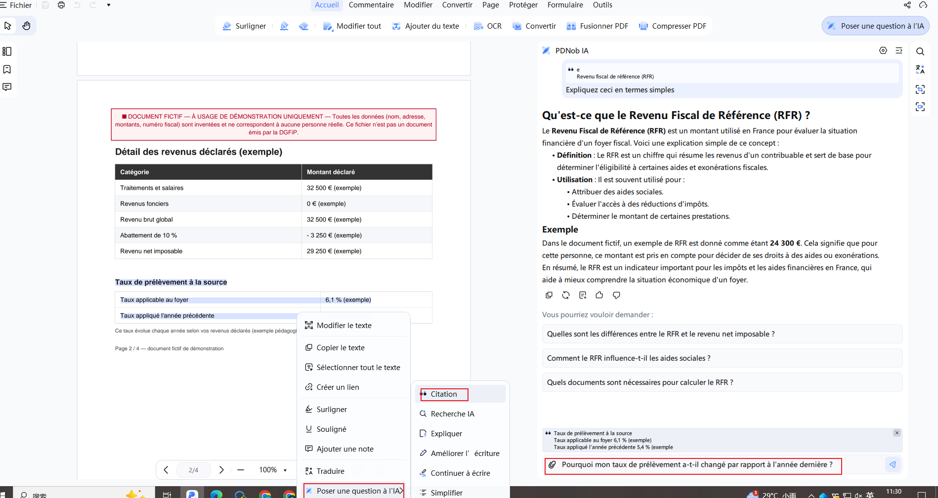 Question posée sur le taux de prélèvement à la source via Chat PDF dans PDNob