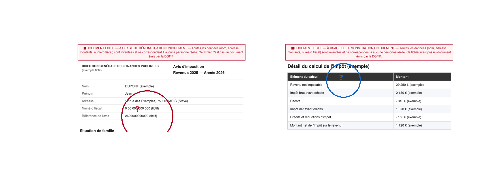 Exemple de lignes complexes sur un avis d'imposition PDF, revenu fiscal de référence et décote`