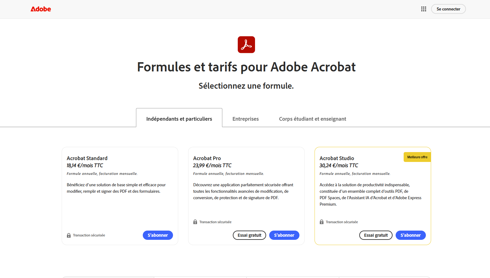 tarifs adobe acrobat