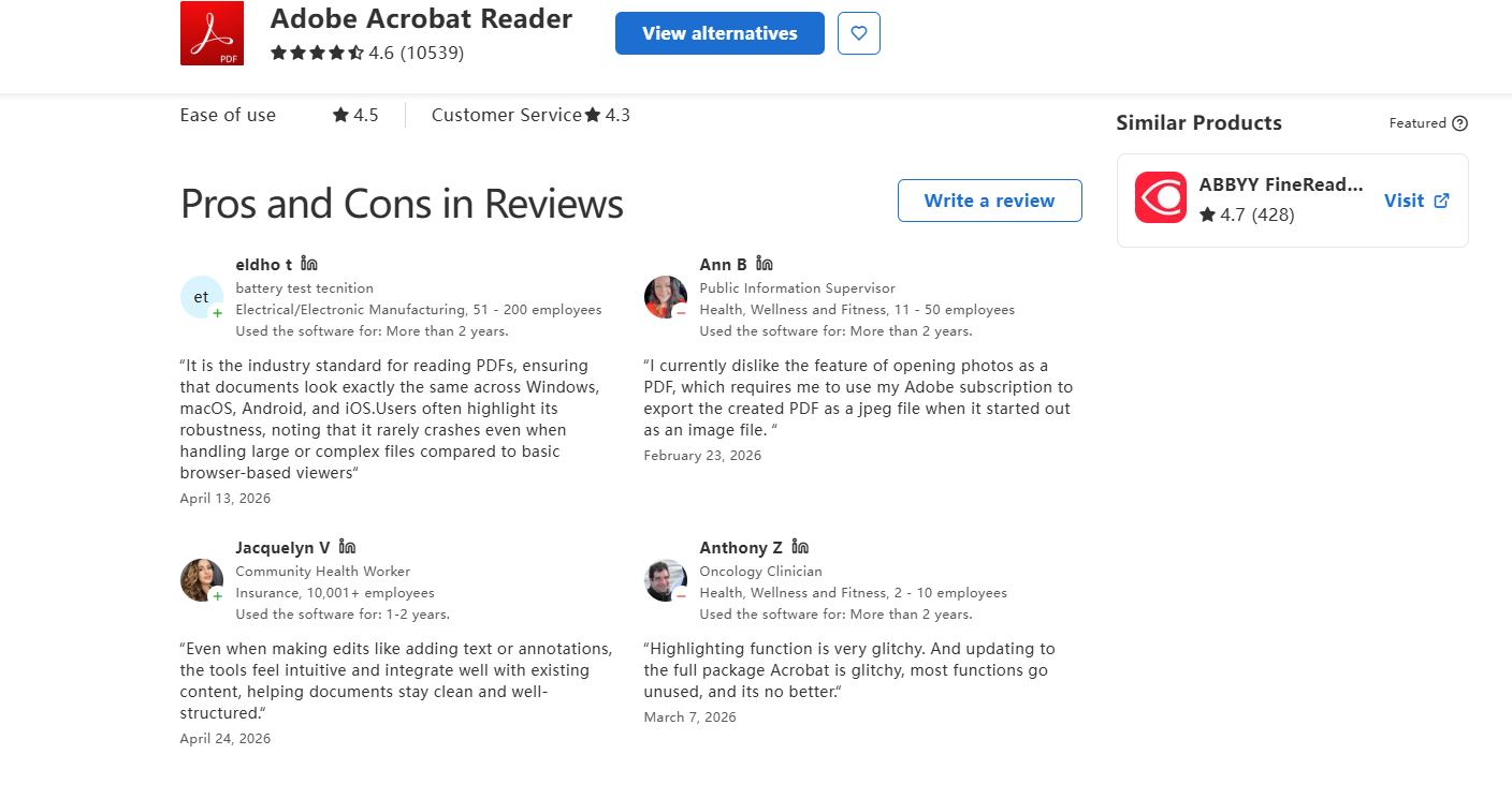 Avis utilisateurs Adobe Acrobat Reader sur une plateforme d'évaluation.  