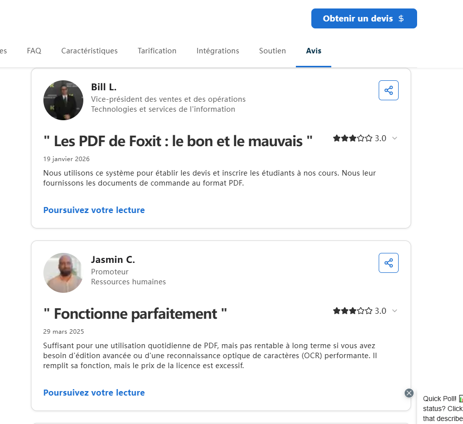 Avis utilisateurs Foxit PDF Editor sur une plateforme d'évaluation.
