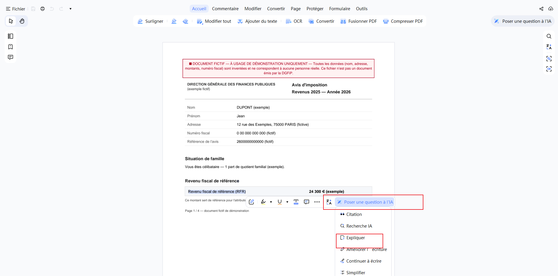 Explication du revenu fiscal de référence par IA dans PDNob PDF Editor