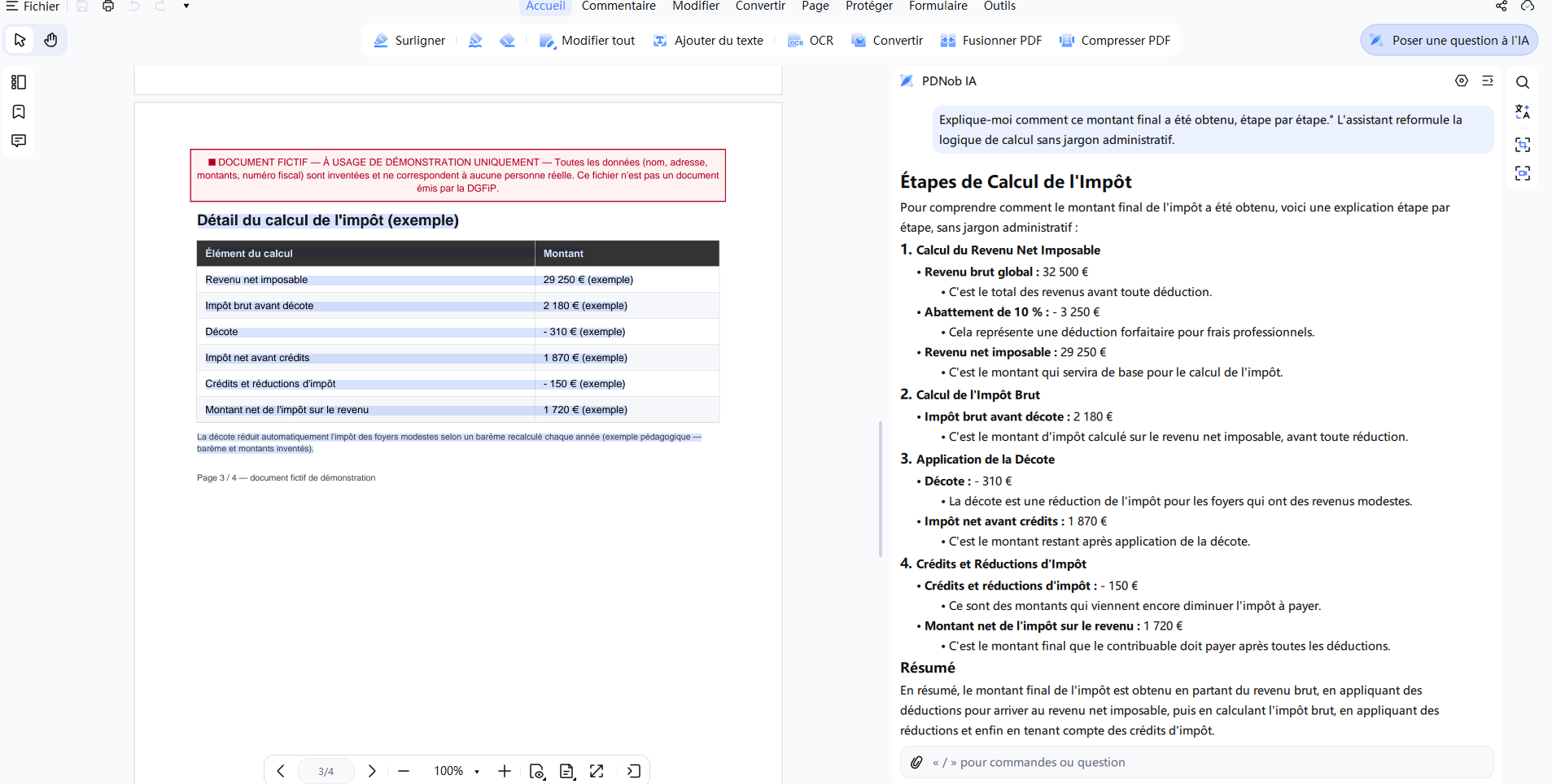 Résumé du calcul de l'impôt et de la décote généré par IA dans PDNob
