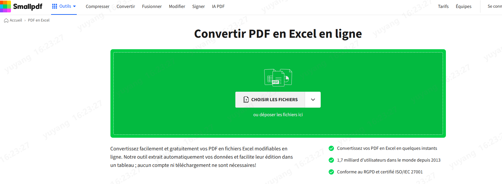 convertir pdf vers excel dans Smallpdf