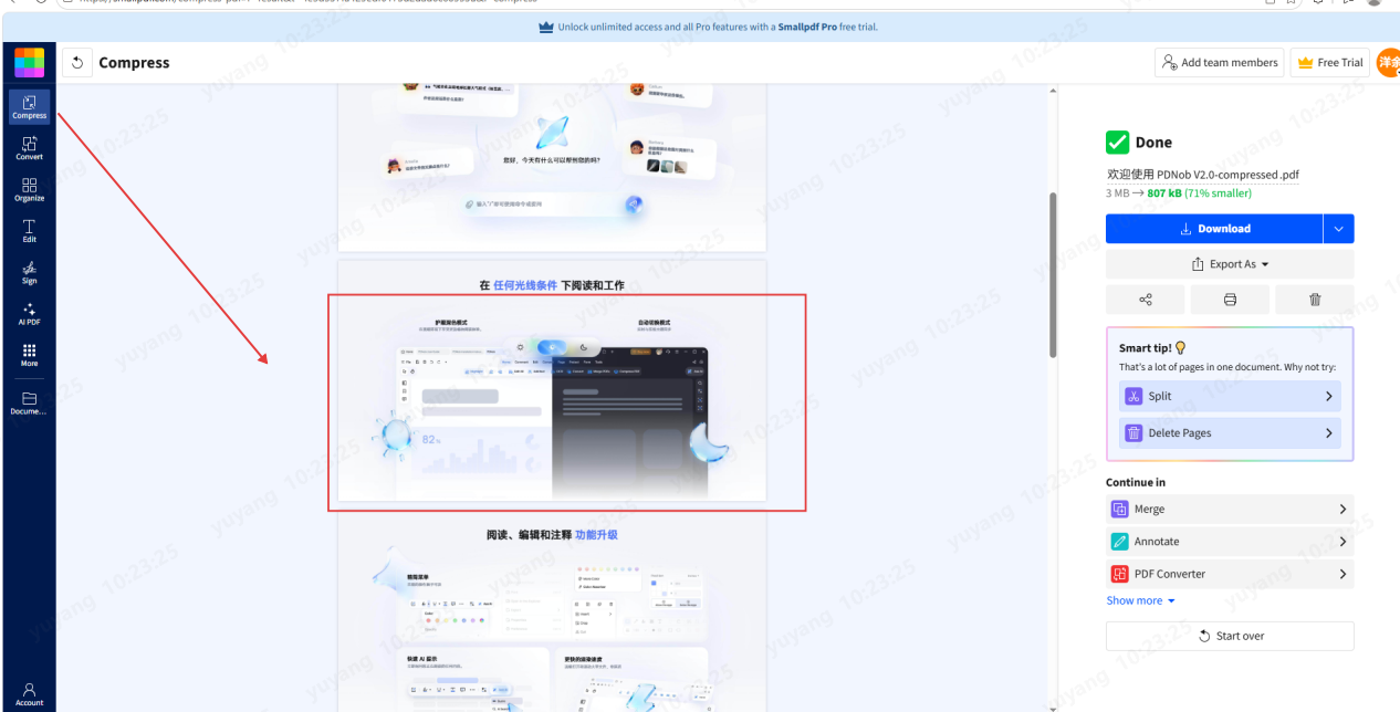 Interface Smallpdf Pro montrant la fonction de compression de PDF