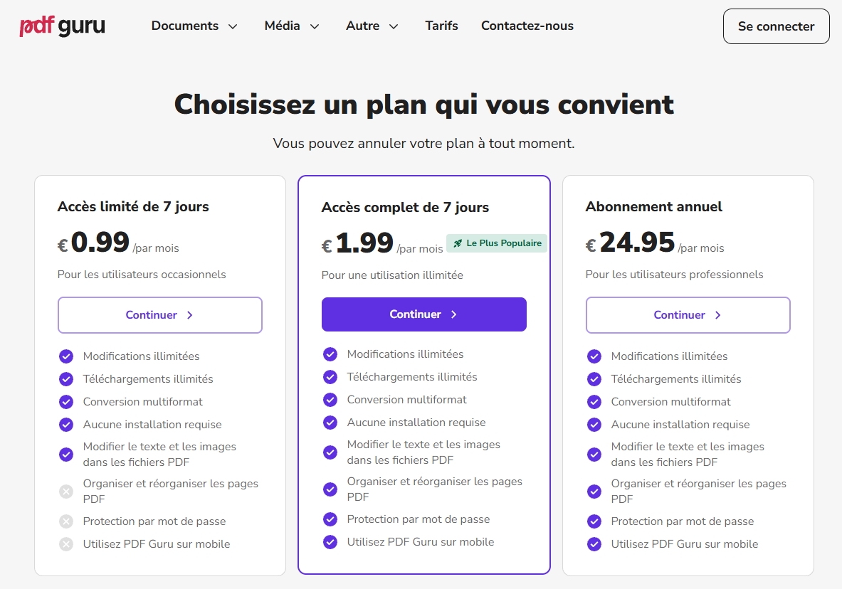 Tarifs et fonctionnalités des abonnements PDF Guru
