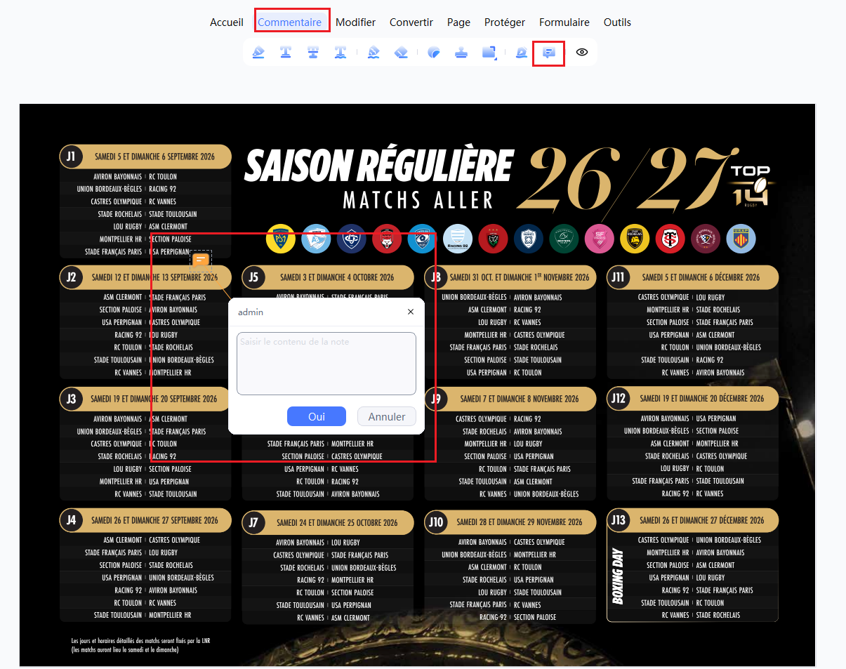 Modifier et annoter un calendrier TOP 14 PDF