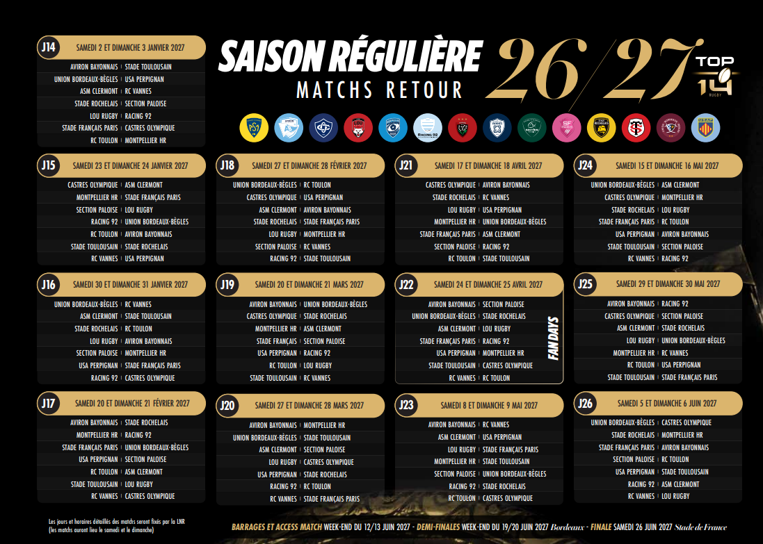 calendrier TOP 14 2026/2027