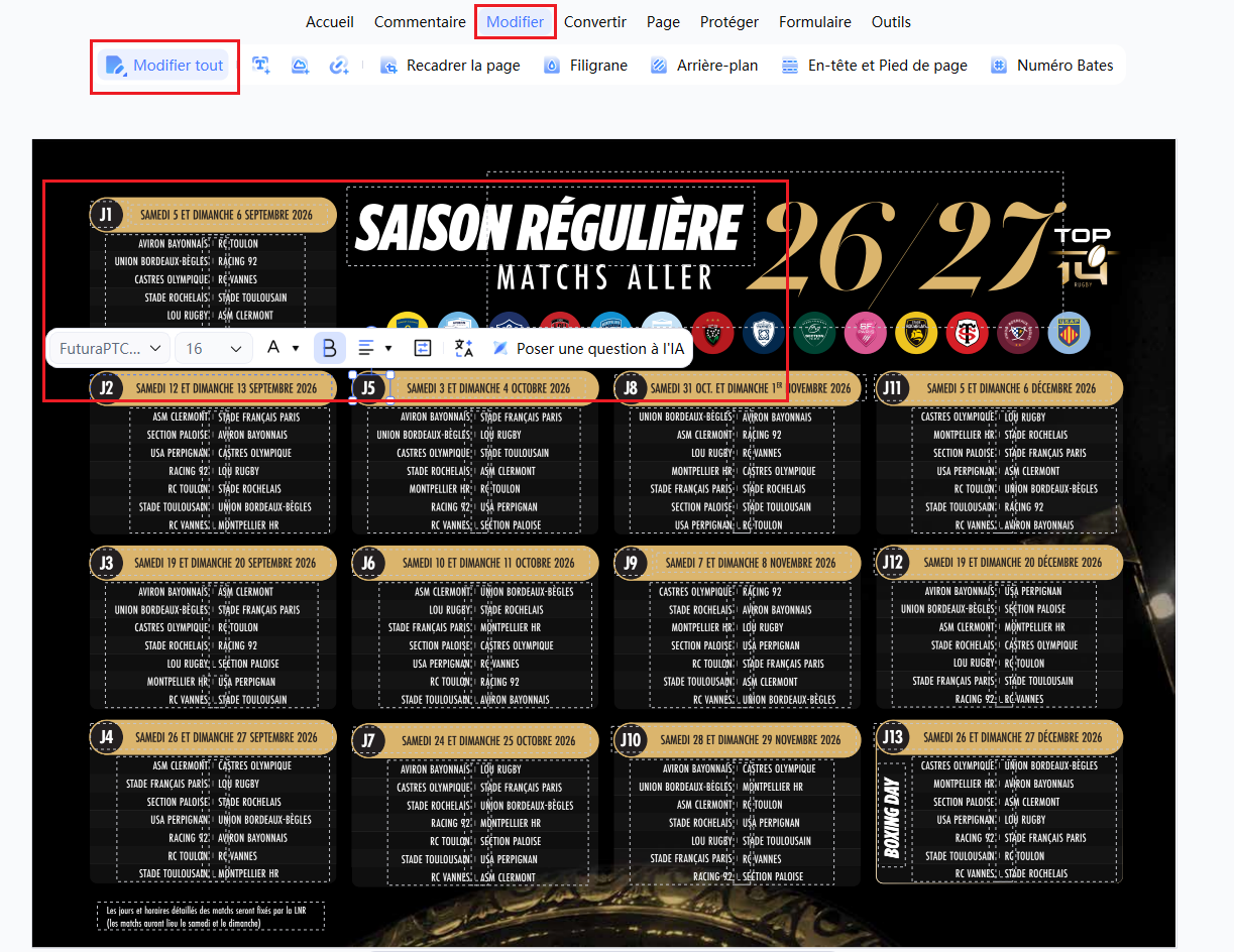 Modifier et annoter un calendrier TOP 14 PDF