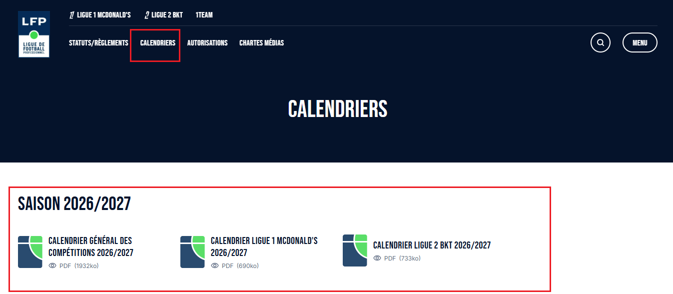 télécharger calendrier Ligue 1 de site officielle