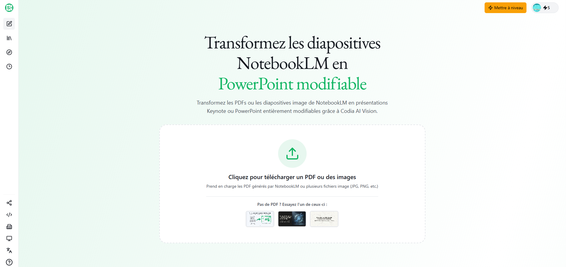 Page d'accueil de Codia AI Noteslide