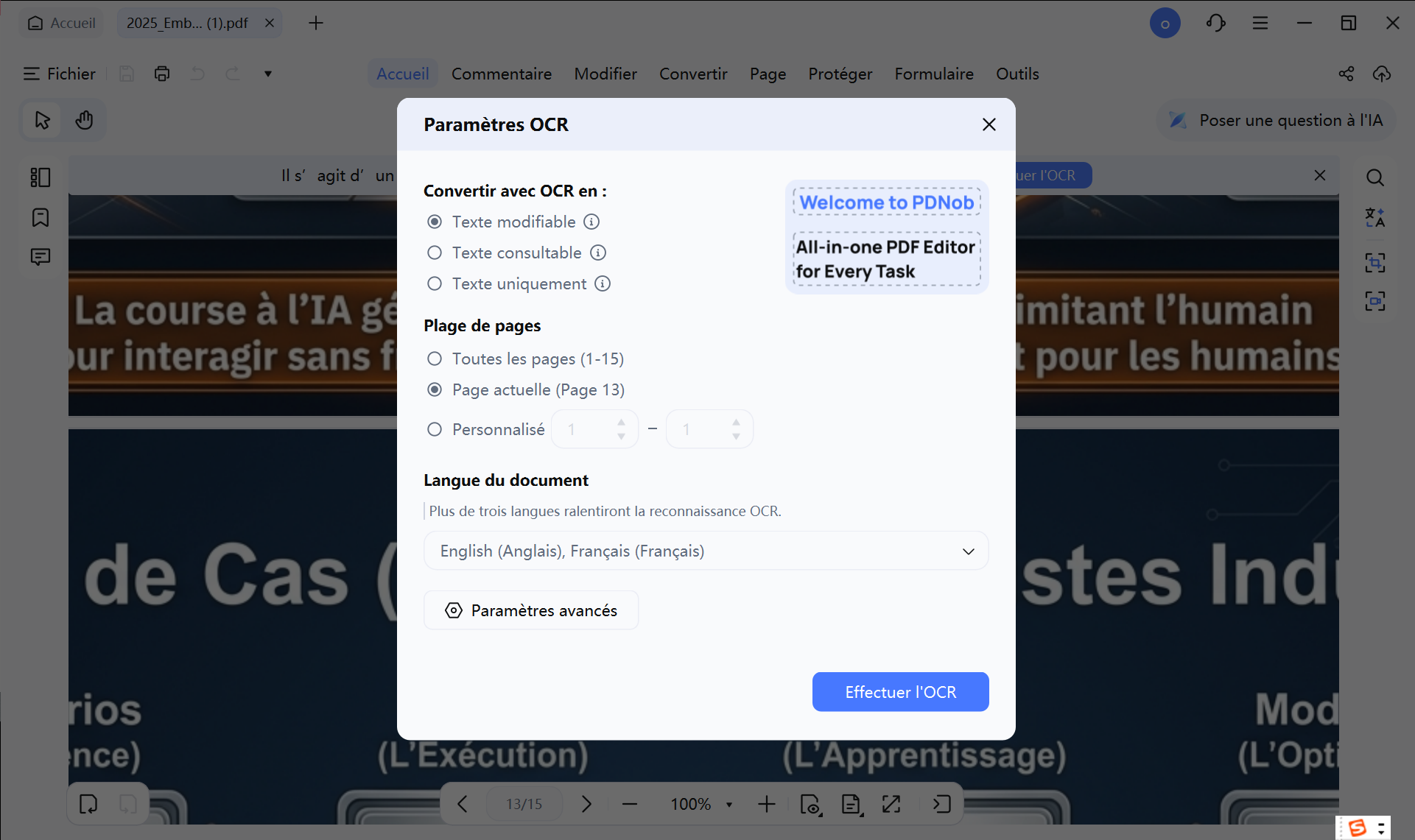 Sélectionner le mode numérisation en texte modifiable (OCR) sur PDNob