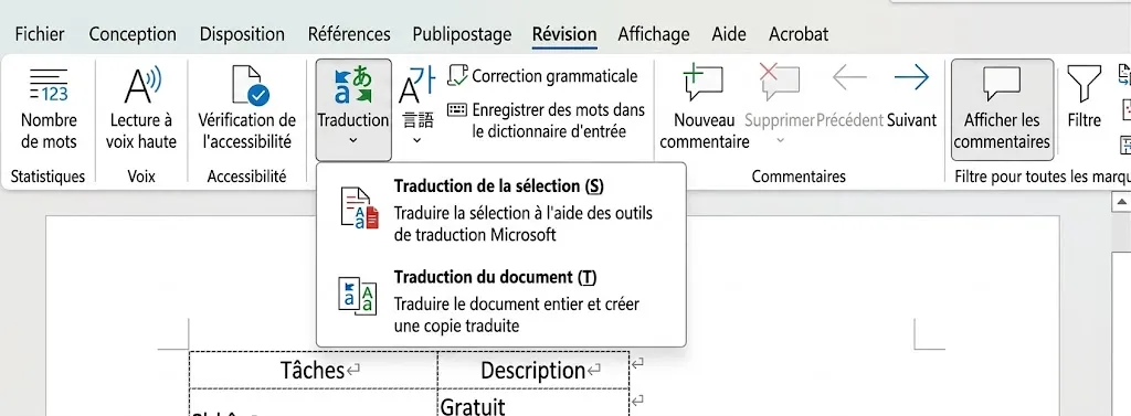 Menu de traduction dans Microsoft Word