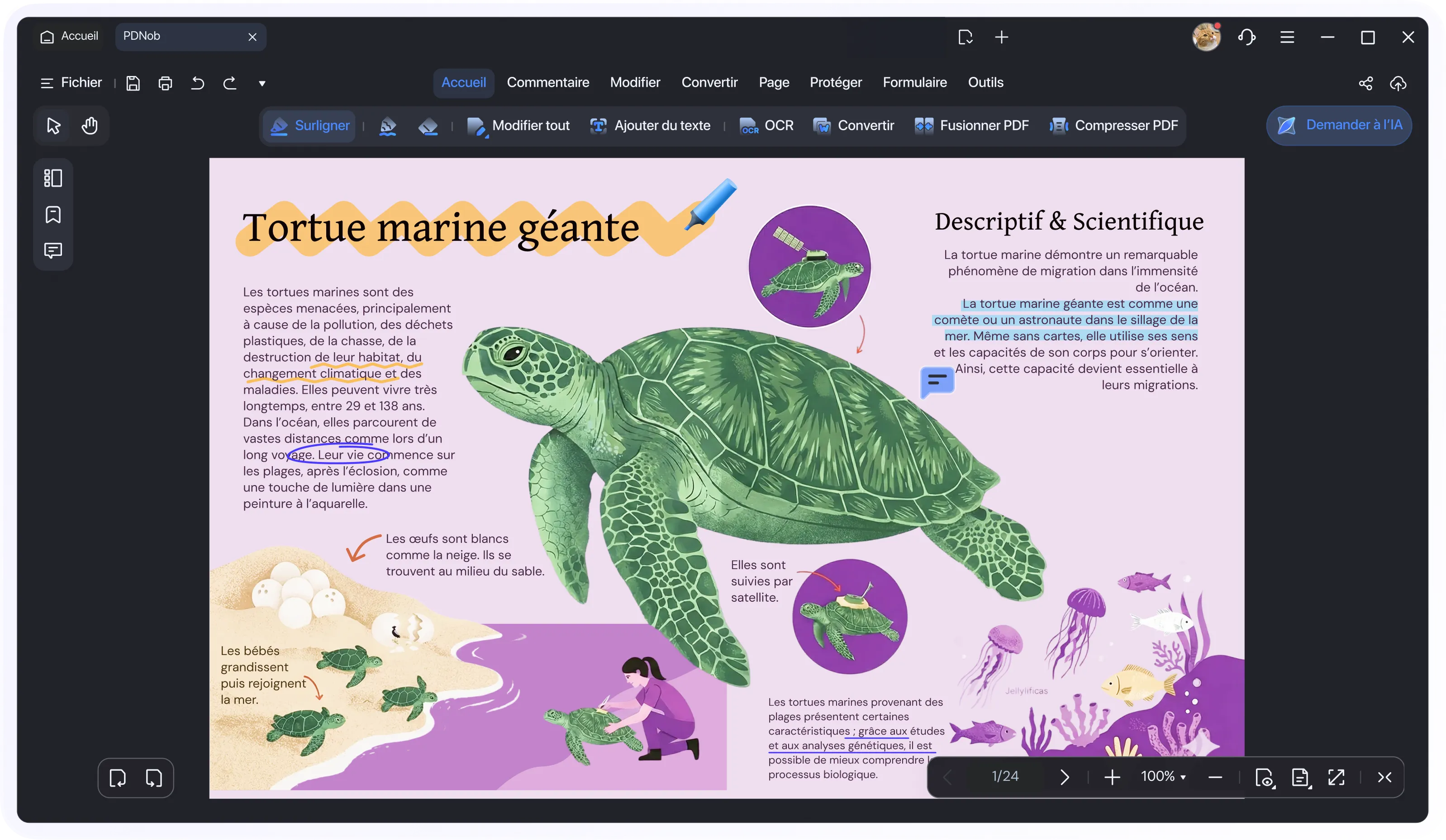 PDF reading and annotation interface in dark mode