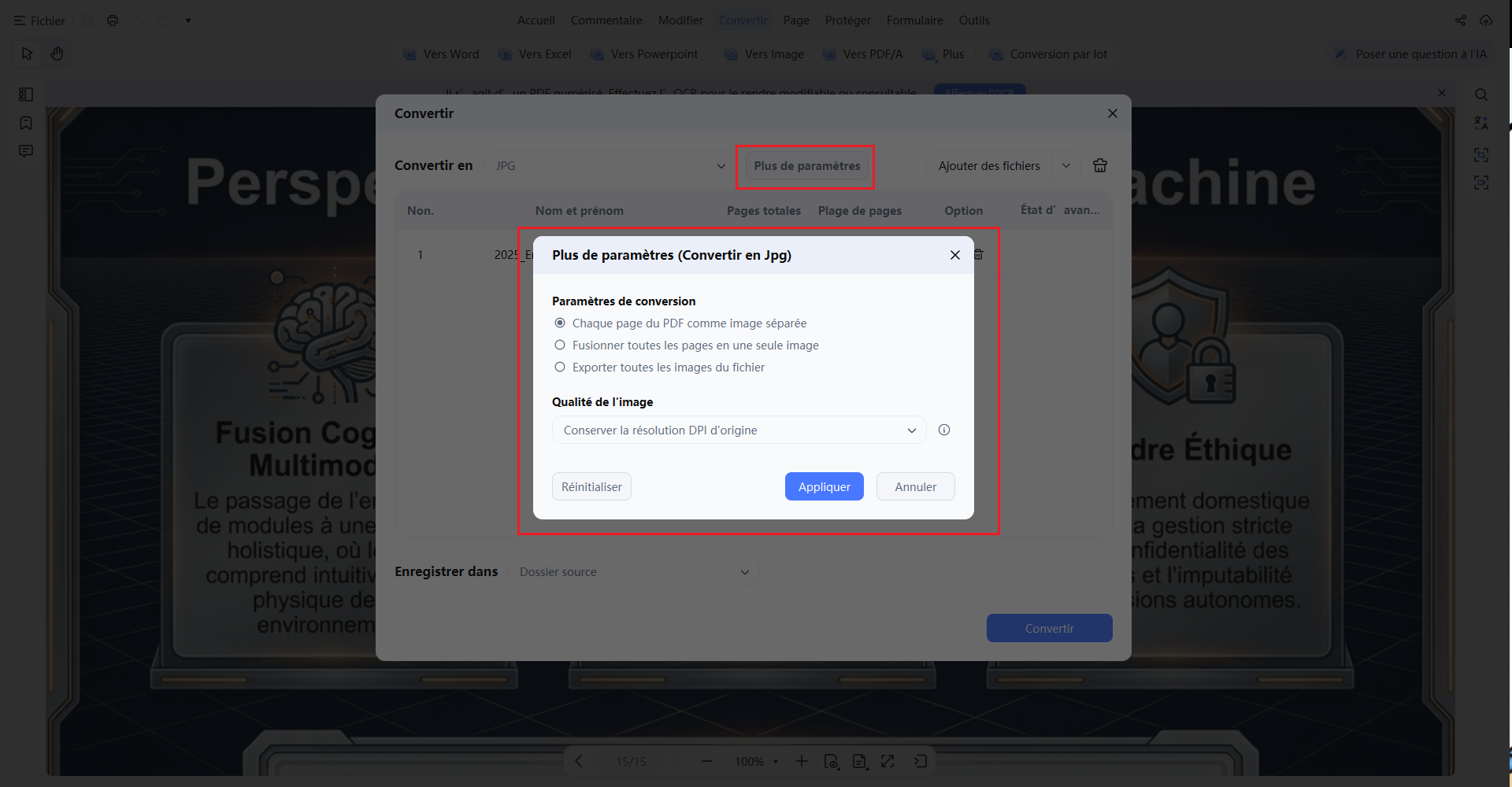 paramètres de conversion en image