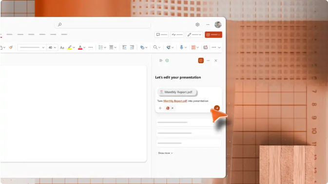 Microsoft CopilotでPDFからプレゼンテーションの下書きを作成する画面