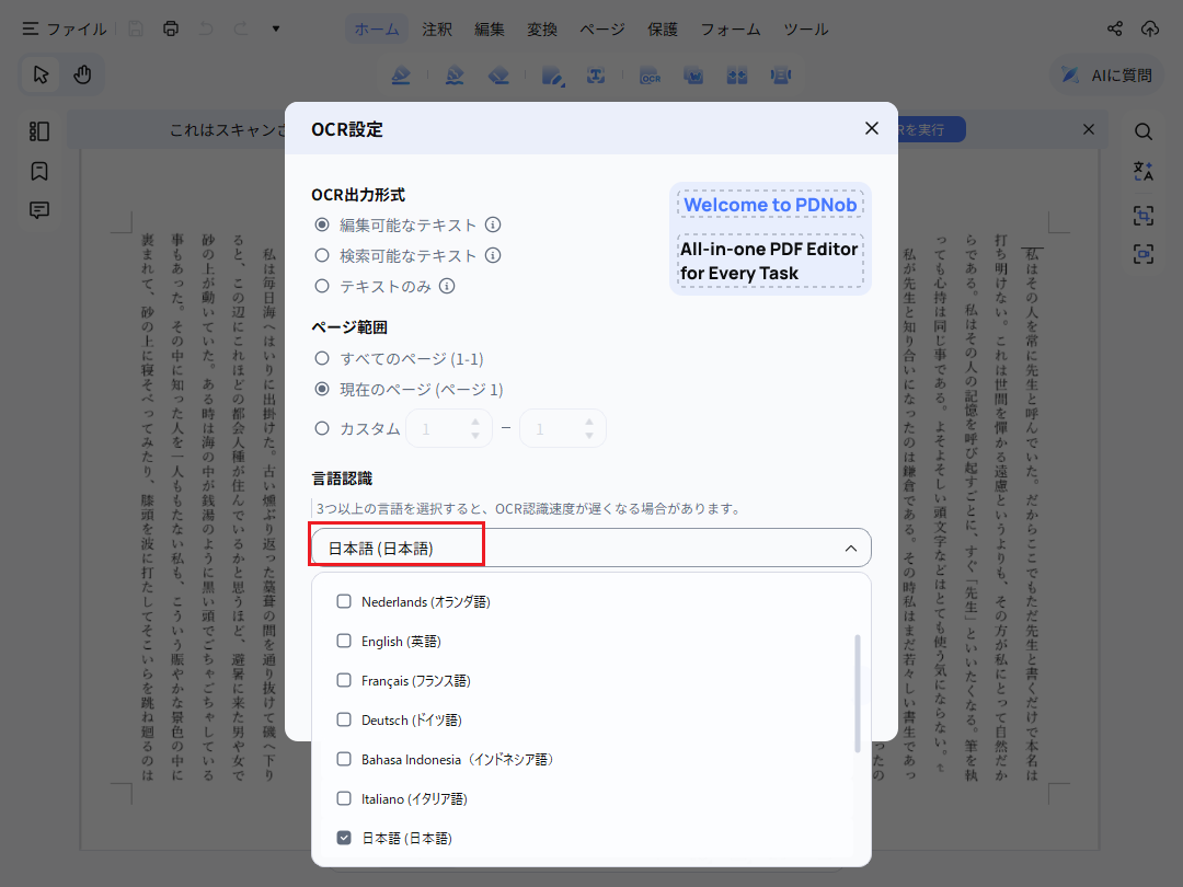 OCR出力設定画面