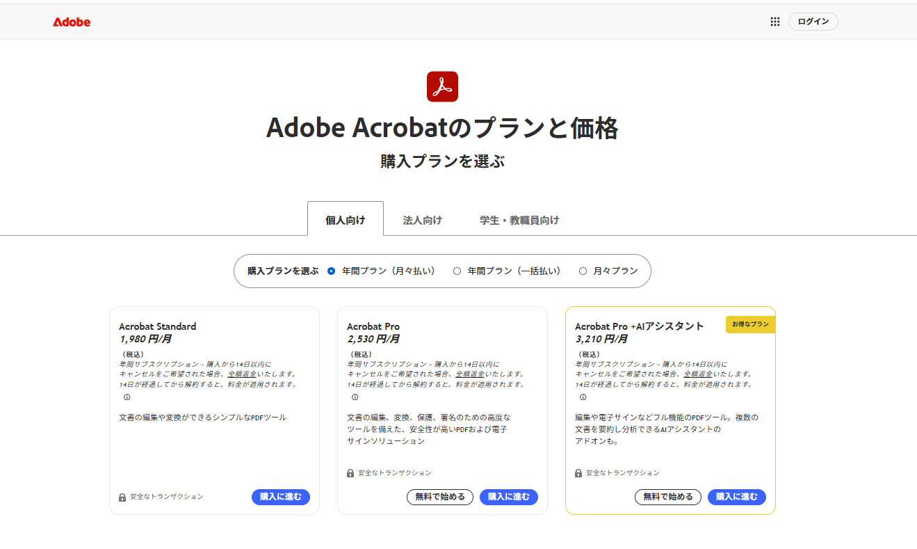 Adobe Acrobat Pro価格表