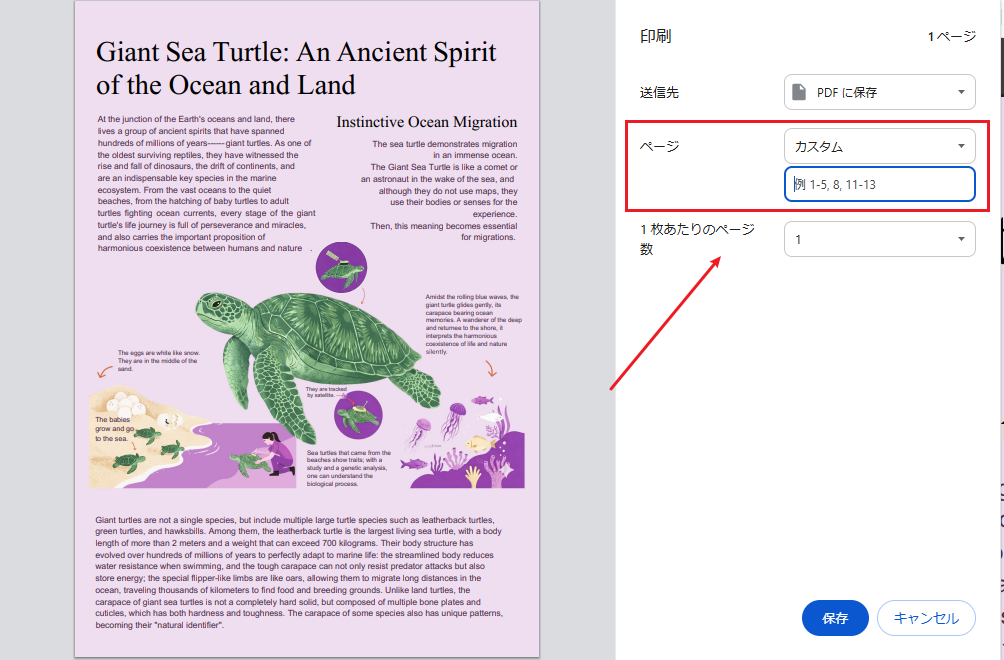 Chromeでページ範囲を指定して保存する画面