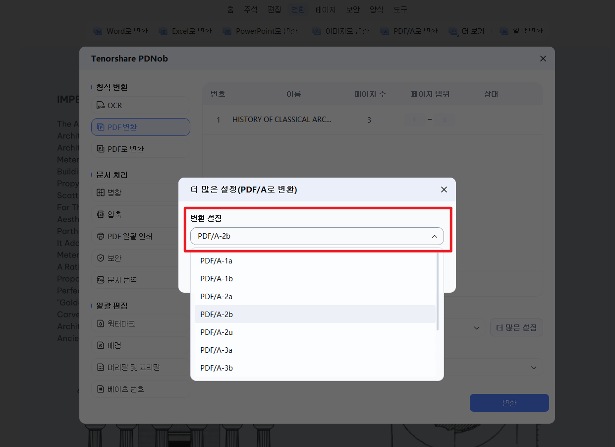 PDF/A 변환 설정