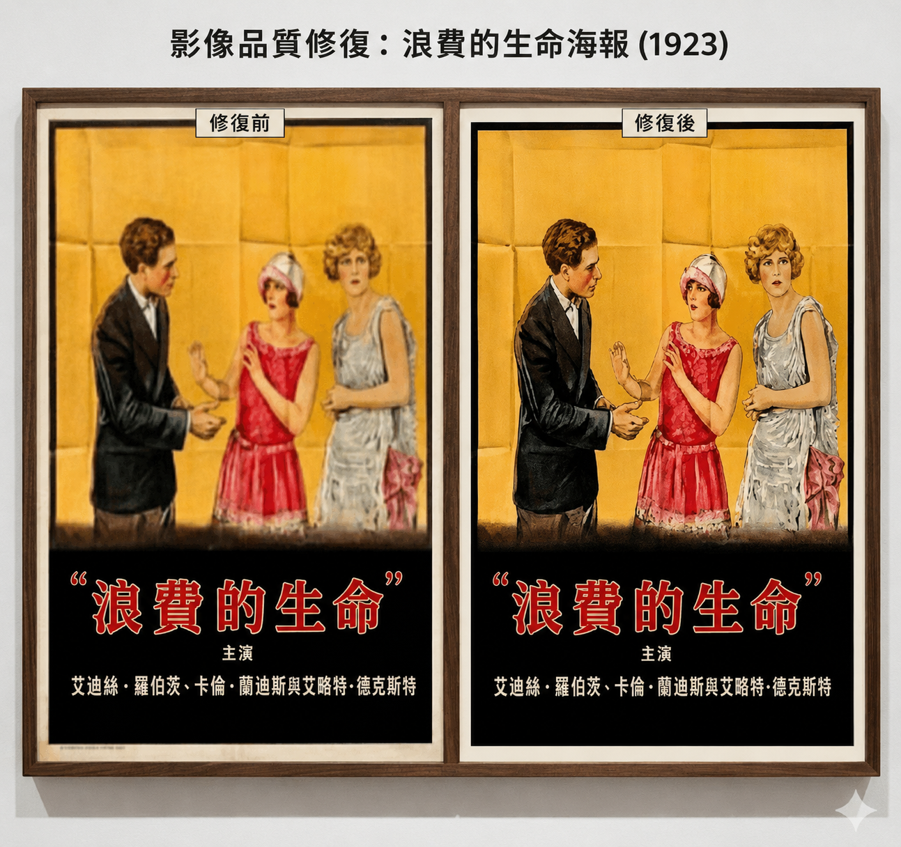 使用Gemini圖片編輯提示詞修復復古海報前後對比圖
