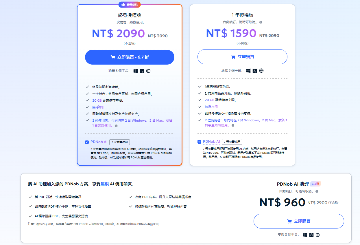 pdnob pdf 編輯器個人版價格方案