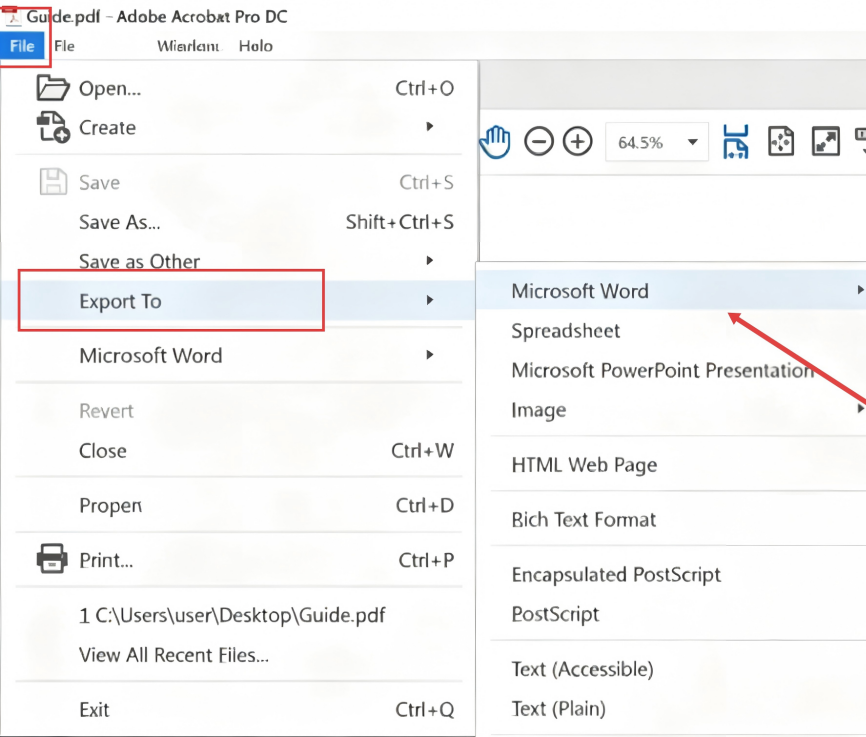 進入「File」選單，選擇「Export to」＞「Microsoft Word」