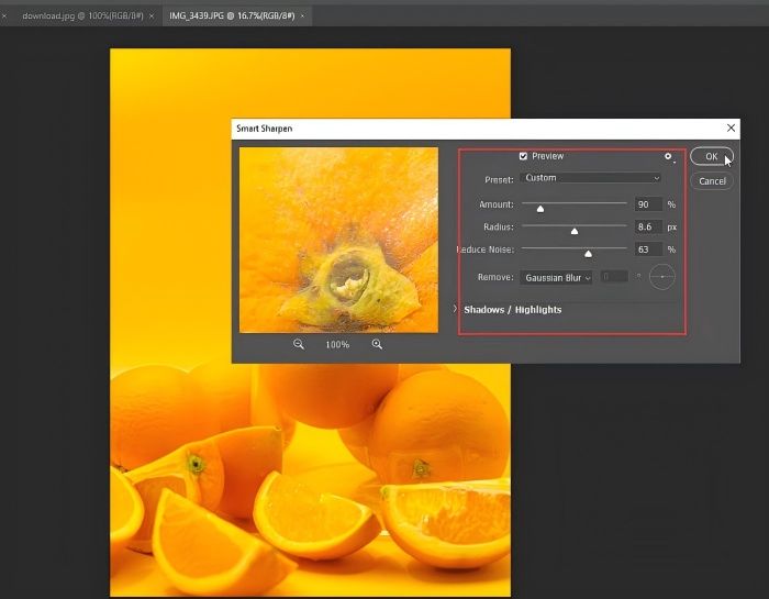 調整「數量」、「半徑」和「減少雜訊」三項數值
