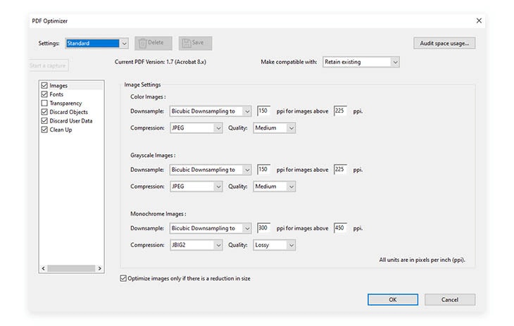 adobe acrobat dc的pdf最佳化進階設定面板，可調整影像壓縮與縮減取樣參數