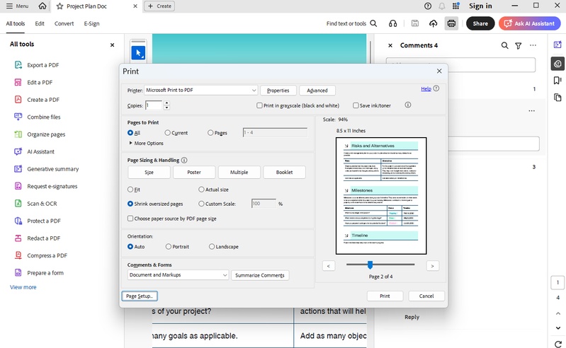 在列印預覽中查看註解