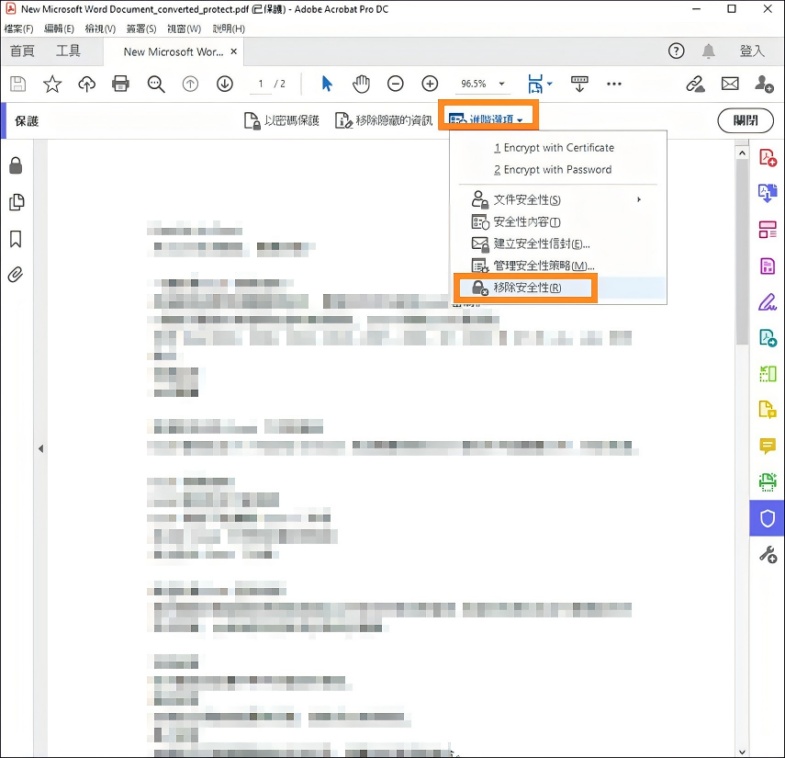 點擊「保護」>「移除安全性設定」