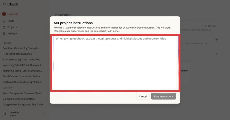 點擊「set project instructions」，輸入專案規則