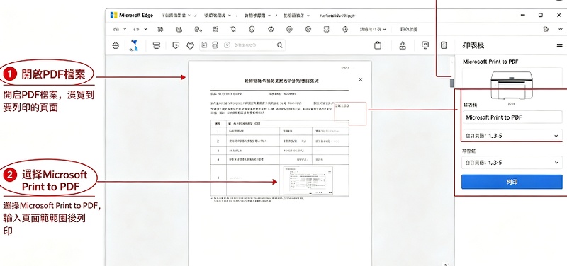 edge 挑頁列印另存 pdf