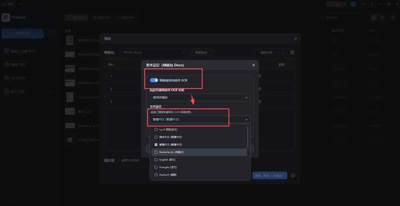 開啟「ocr 進階功能」並選擇「繁體中文」