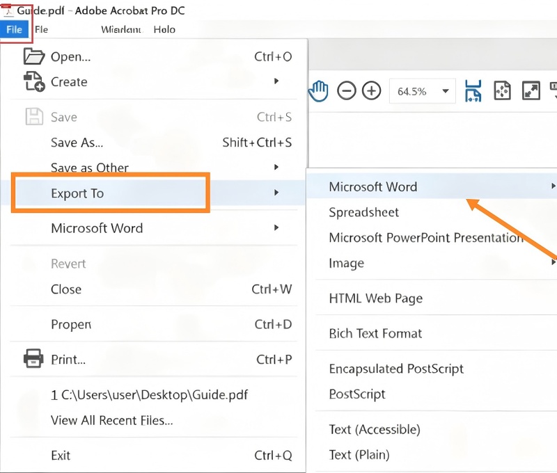 進入「file」選單，選擇「export to」＞「microsoft word」