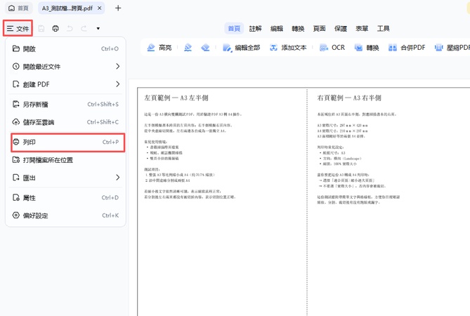 匯入 a3 pdf 檔案，點選「文件」，「列印」