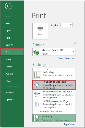 excel列印設定選擇microsoft print to pdf並調整為一頁