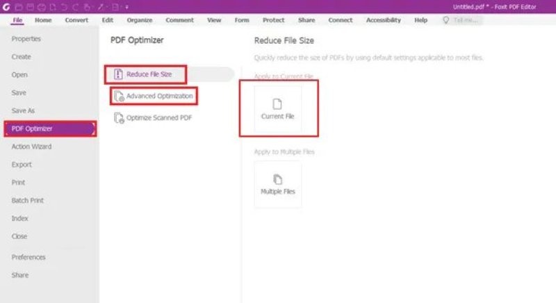 在foxit pdf editor中開啟壓縮或最佳化pdf的功能選單