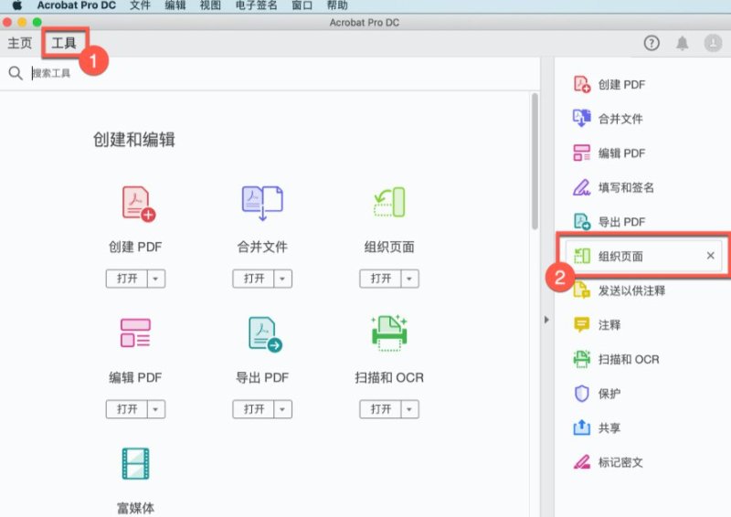 啟動Adobe Acrobat Pro DC並開啟「組織頁面」