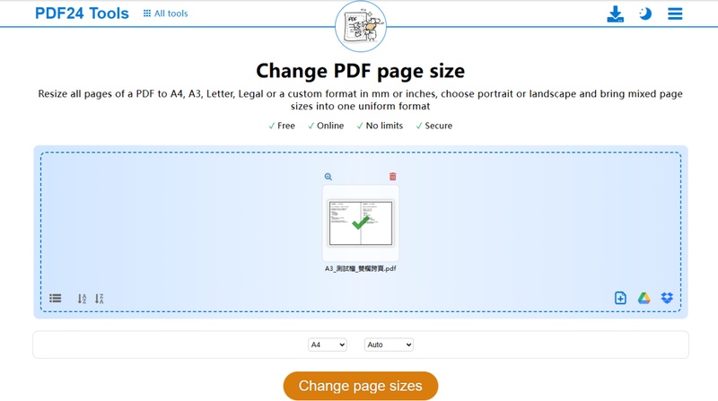 開啟 pdf24 tools「更改pdf 頁面大小」