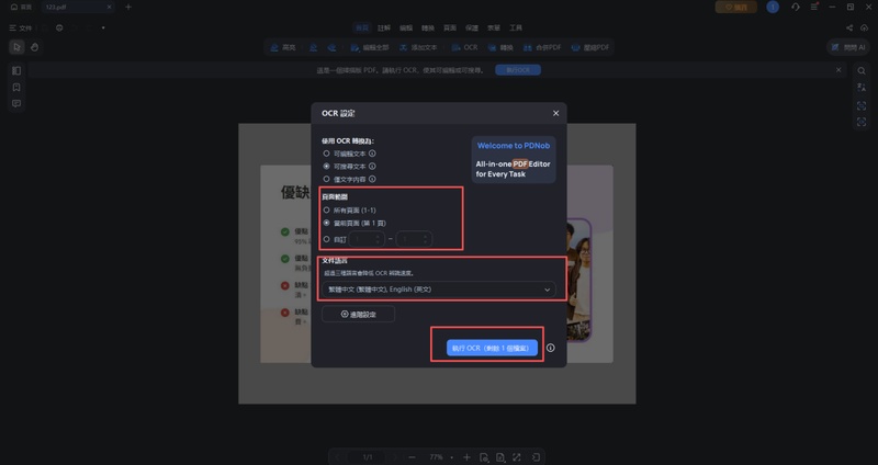 選擇文件語言和處理範圍